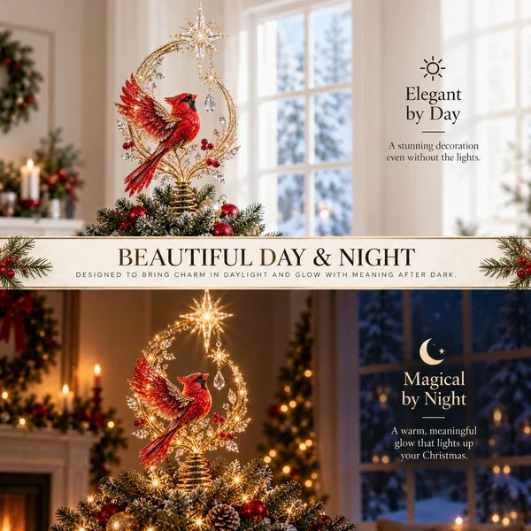 Scarlet Guardian – Lighted Tree Topper with Warm Glow | Christmas Star Decor🐦