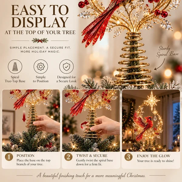 Scarlet Guardian – Lighted Tree Topper with Warm Glow | Christmas Star Decor🐦