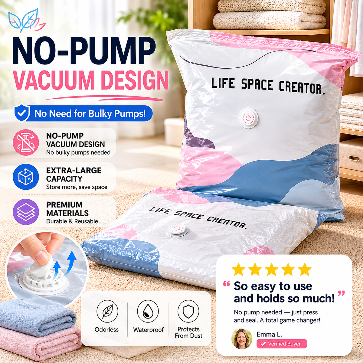 📦 Pump-Free Vacuum Storage Bags – Space-Saving Storage for Home