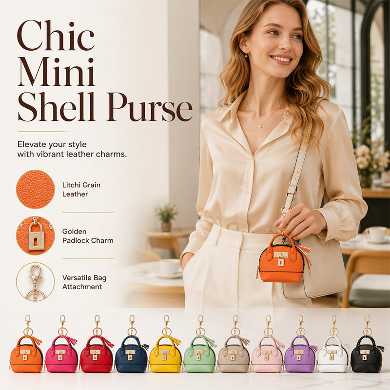 🎉🐚 Mini Shell Bag Keychain – PU Leather Lipstick Coin Purse with Golden Padlock & Tassel ✨