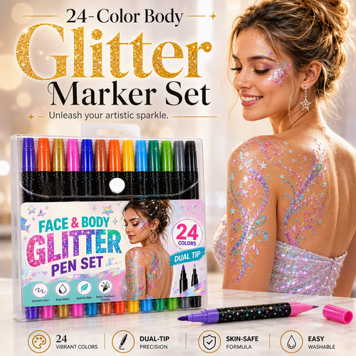 🎉 2026 Sale —Buy 3 Get 2 Free✨✨✨ 24‑Color Face & Body Glitter Marker Set with Dual Tips