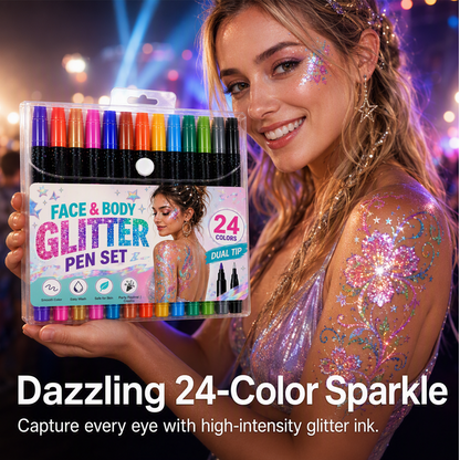 🎉 2026 Sale —Buy 3 Get 2 Free✨✨✨ 24‑Color Face & Body Glitter Marker Set with Dual Tips