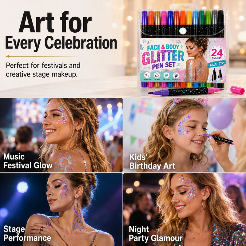 🎉 2026 Sale —Buy 3 Get 2 Free✨✨✨ 24‑Color Face & Body Glitter Marker Set with Dual Tips