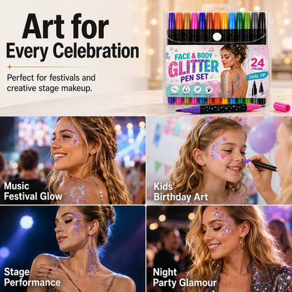 🎉 2026 Sale —Buy 3 Get 2 Free✨✨✨ 24‑Color Face & Body Glitter Marker Set with Dual Tips