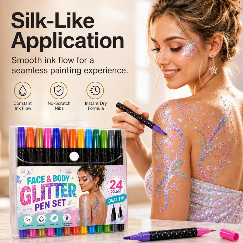 🎉 2026 Sale —Buy 3 Get 2 Free✨✨✨ 24‑Color Face & Body Glitter Marker Set with Dual Tips