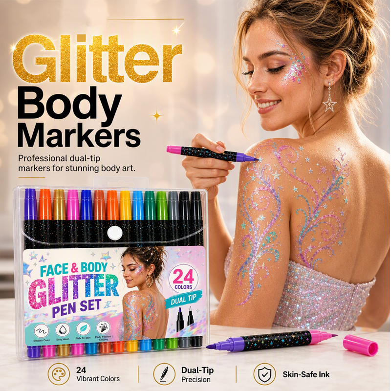 🎉 2026 Sale —Buy 3 Get 2 Free✨✨✨ 24‑Color Face & Body Glitter Marker Set with Dual Tips