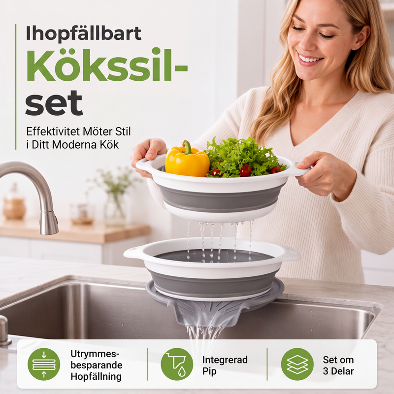 🥗 3-Piece Foldable Colander Set with Drainage Base – Compact Strainers for Pasta, Produce & Veggies 🍝