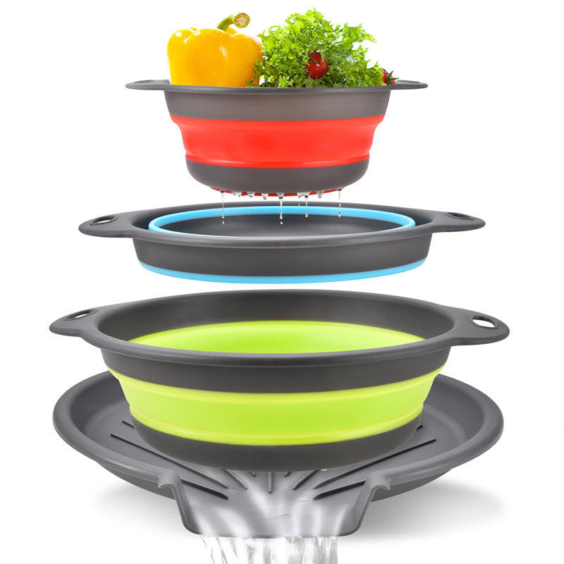 🥗 3-Piece Foldable Colander Set with Drainage Base – Compact Strainers for Pasta, Produce & Veggies 🍝