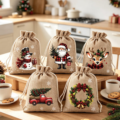 Christmas Drawstring Gift Bags – Festive Santa & Reindeer Prints, Double Drawstring Closure & Durable Fabric – Holiday Cheer in Every Gift ✨