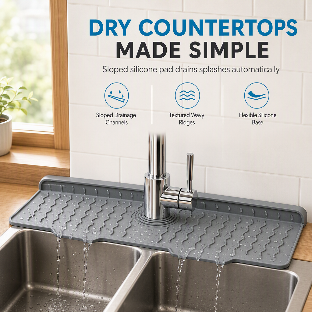 💧 Cut-to-Fit Faucet Splash Guard – Fast-Draining Silicone Sink Mat