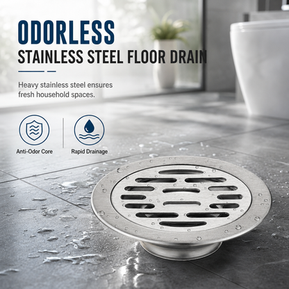 🚿 Brushed Stainless Steel Floor Drain – Round Design with Odor-Blocking Core