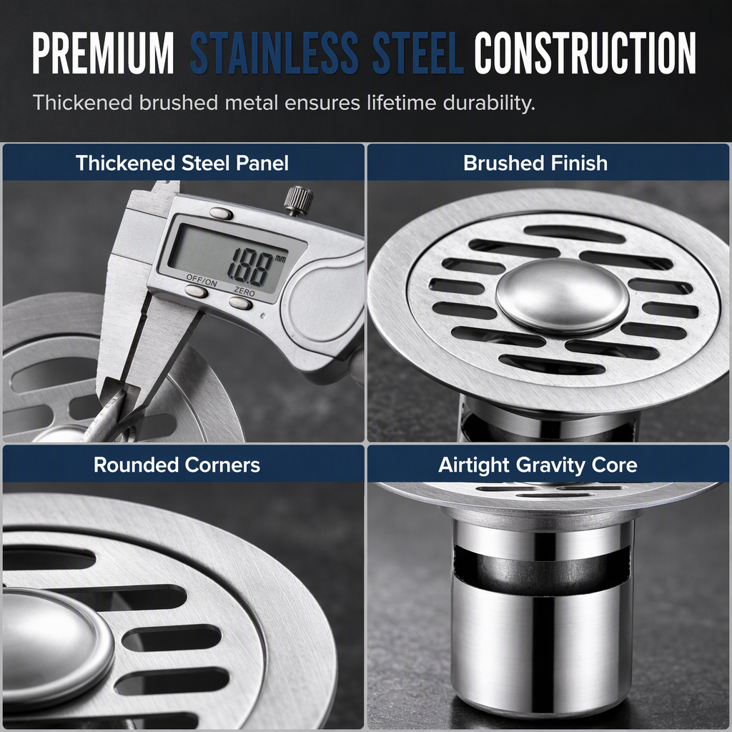 🚿 Brushed Stainless Steel Floor Drain – Round Design with Odor-Blocking Core
