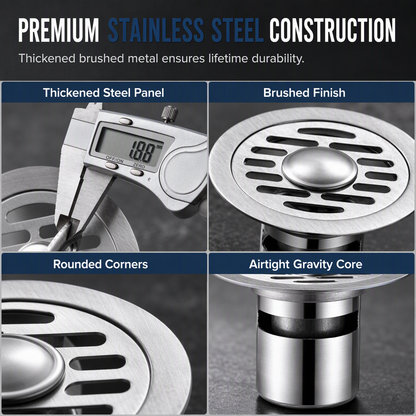 🚿 Brushed Stainless Steel Floor Drain – Round Design with Odor-Blocking Core