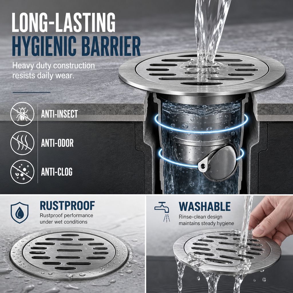 🚿 Brushed Stainless Steel Floor Drain – Round Design with Odor-Blocking Core