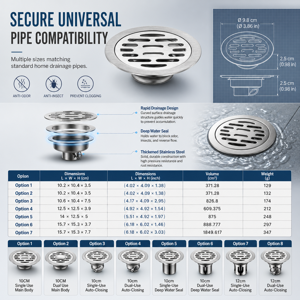 🚿 Brushed Stainless Steel Floor Drain – Round Design with Odor-Blocking Core