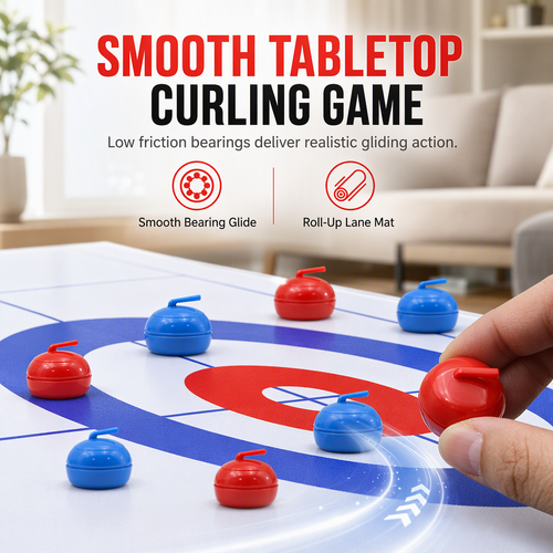⏳🔥LIMITED-TIME 50% OFF! ⏰Tabletop Mini Curling Game Set with Roll Up Mat and Plastic Curling Stones Interactive Indoor Board Game for Kids and Adults