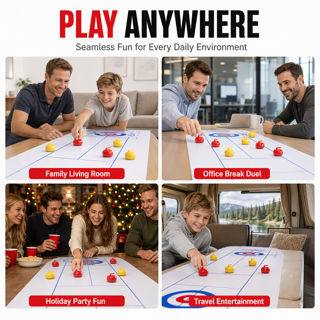 ⏳🔥LIMITED-TIME 50% OFF! ⏰Tabletop Mini Curling Game Set with Roll Up Mat and Plastic Curling Stones Interactive Indoor Board Game for Kids and Adults