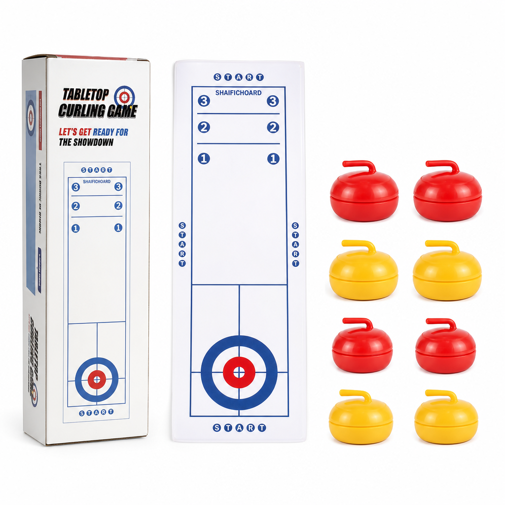 ⏳🔥LIMITED-TIME 50% OFF! ⏰Tabletop Mini Curling Game Set with Roll Up Mat and Plastic Curling Stones Interactive Indoor Board Game for Kids and Adults