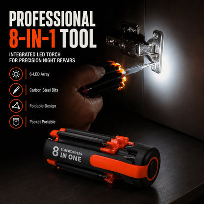 🔧8-in-1 Folding Screwdriver – Built-In LED Work Light & Flashlight
