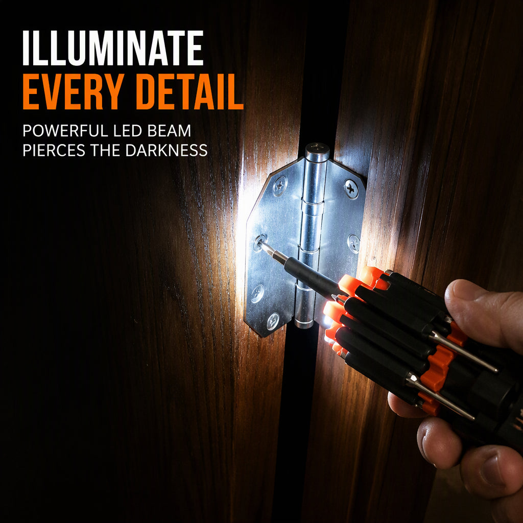 🔧8-in-1 Folding Screwdriver – Built-In LED Work Light & Flashlight
