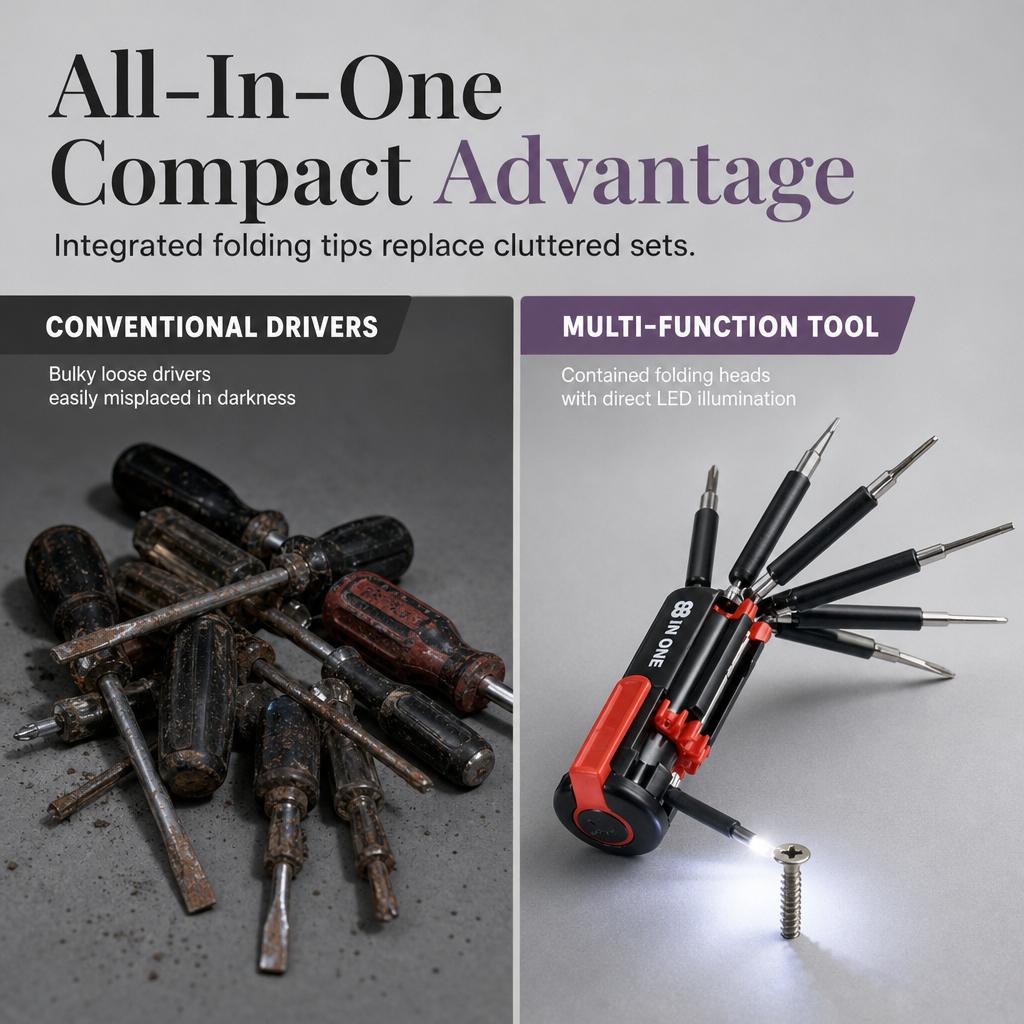🔧8-in-1 Folding Screwdriver – Built-In LED Work Light & Flashlight