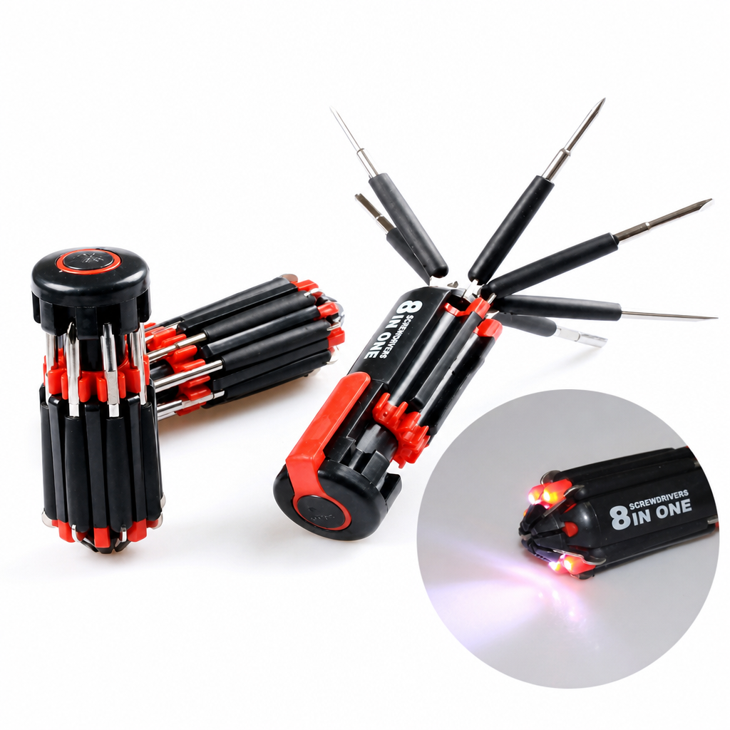 🔧8-in-1 Folding Screwdriver – Built-In LED Work Light & Flashlight