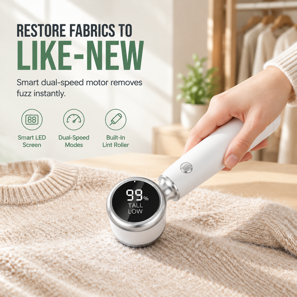🧥 Rechargeable electric fabric shaver with a smart digital display.