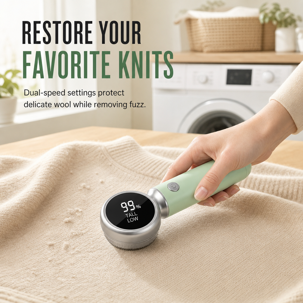 🧥 Rechargeable electric fabric shaver with a smart digital display.
