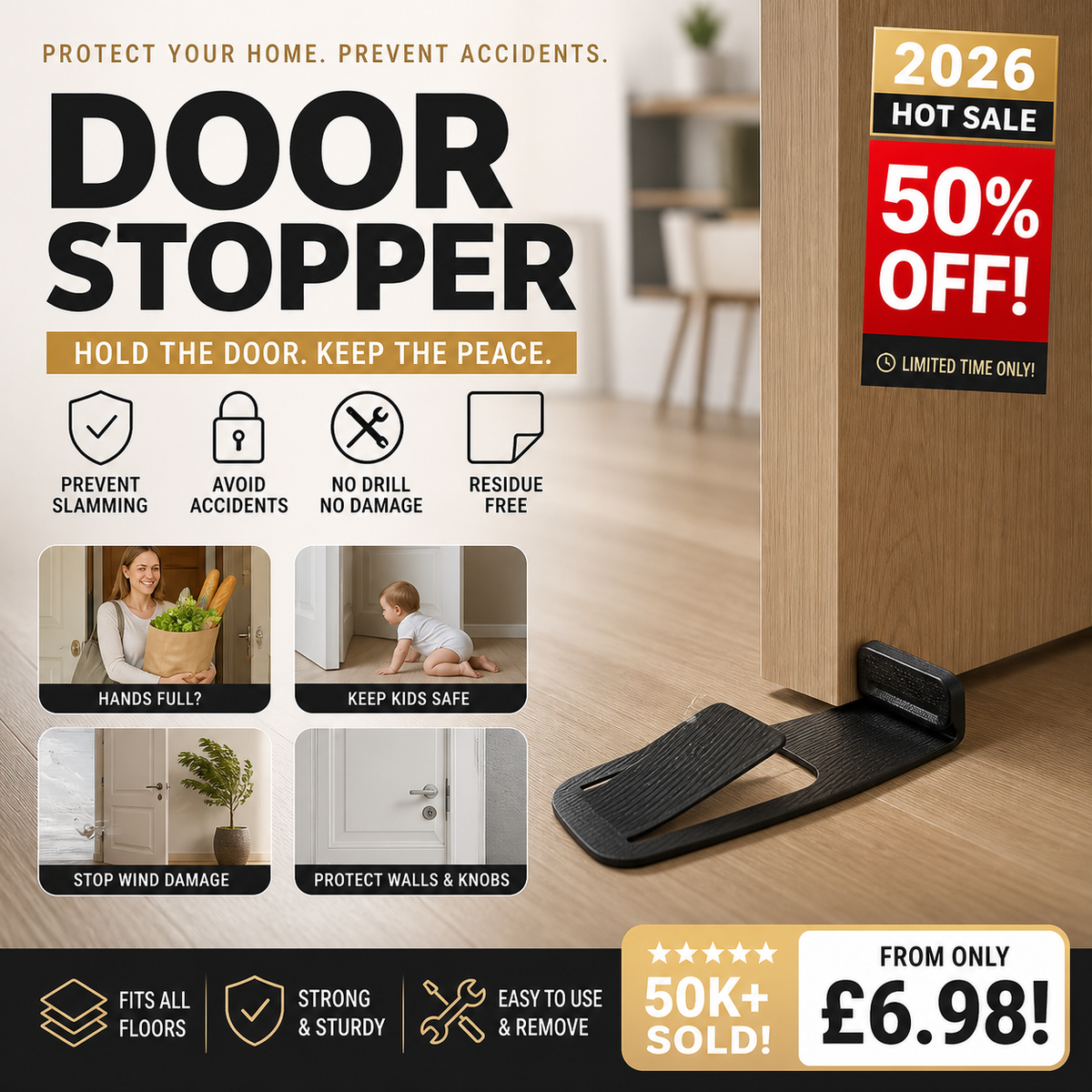 Hands-Free Door Stop 🚪 – Foot-Operated Floor Holder with No Drilling Required