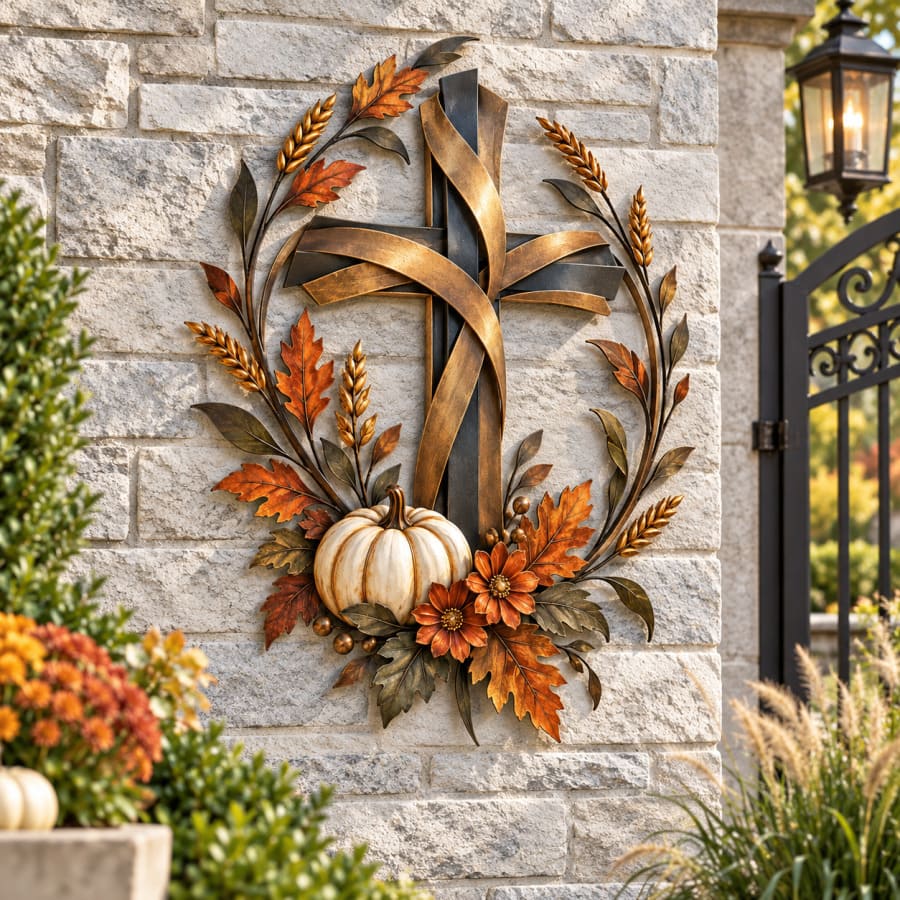 Autumn Cross And Pumpkin Harvest Metal Wall Decor