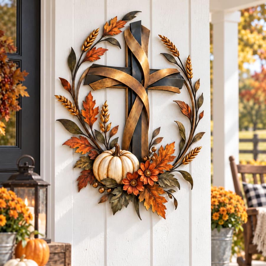 Autumn cross and pumpkin metal wall decor beside a sheltered porch entry
