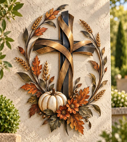 Autumn Cross And Pumpkin Harvest Metal Wall Decor