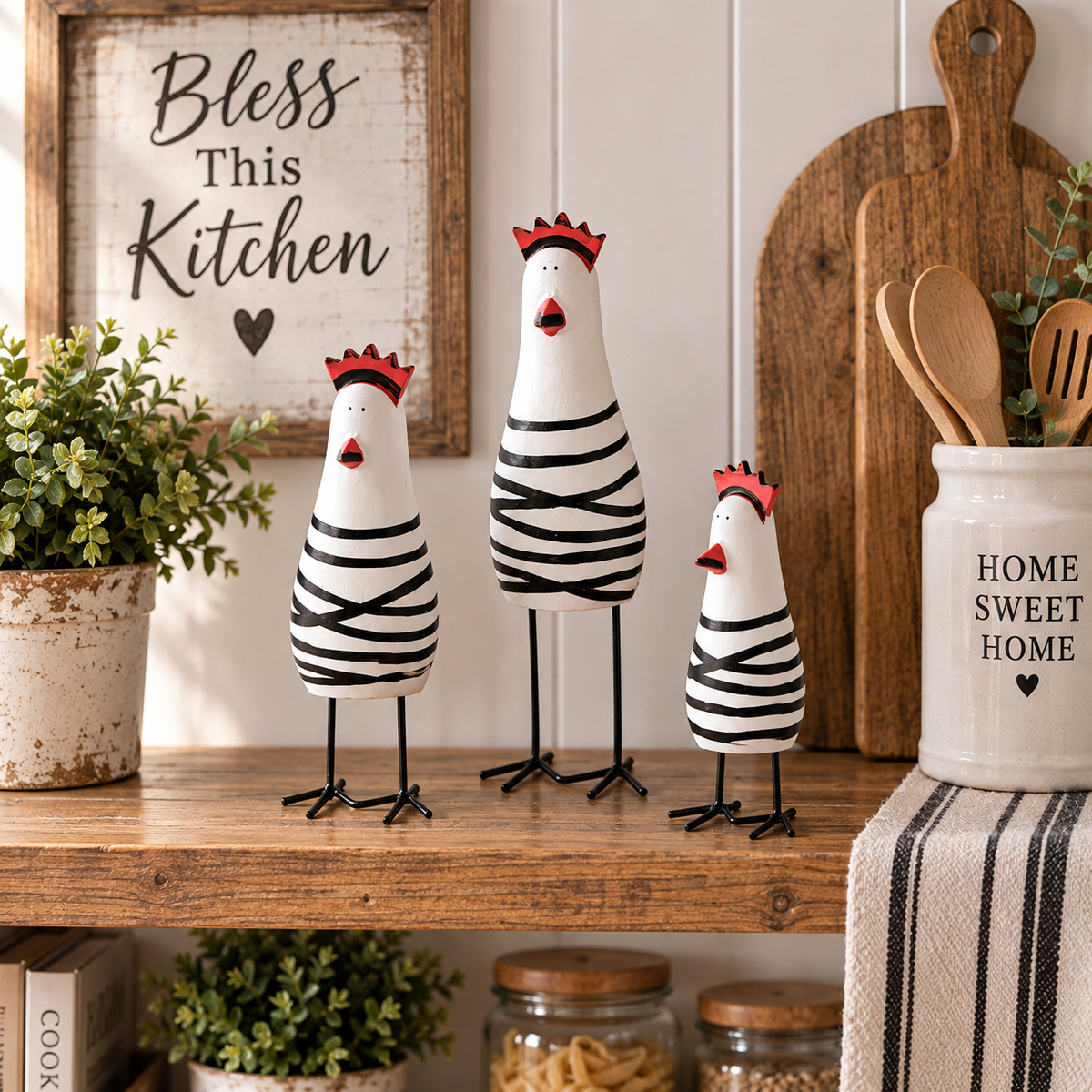 🐔 Quirky Wooden Chicken Figurine Set – Funny Farmhouse Home Decor