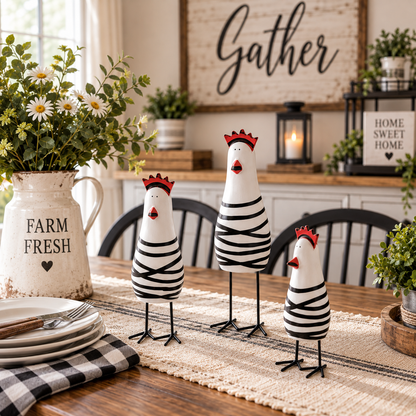 🐔 Quirky Wooden Chicken Figurine Set – Funny Farmhouse Home Decor