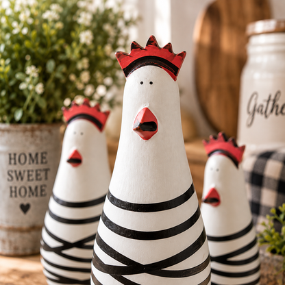 🐔 Quirky Wooden Chicken Figurine Set – Funny Farmhouse Home Decor