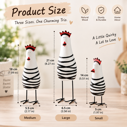 🐔 Quirky Wooden Chicken Figurine Set – Funny Farmhouse Home Decor