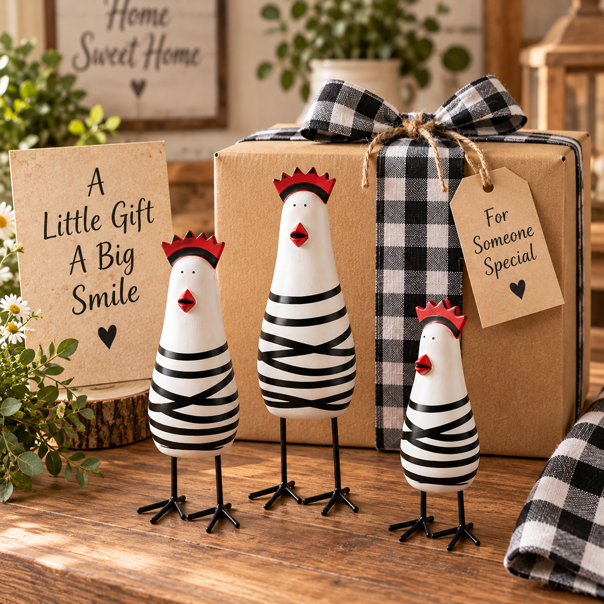 🐔 Quirky Wooden Chicken Figurine Set – Funny Farmhouse Home Decor