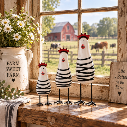 🐔 Quirky Wooden Chicken Figurine Set – Funny Farmhouse Home Decor